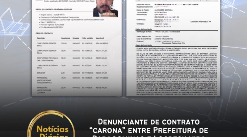 O morador de Paragominas, Alan Alves, foi denunciado na Polícia Civil e está sendo processado judicialmente por calúnia, após publicar um vídeo em 12 de abril questionando os valores de um contrato firmado pela Prefeitura com a empresa Locdesk Locação de Equipamentos e Soluções em Informática LTDA - ME. No vídeo, Alan apresentou uma planilha de custos e afirmou haver indícios de superfaturamento na adesão à Ata de Registro de Preços A.2025-00010, que originou o contrato nº 20250133. A repercussão levou o vereador Evandro Dalmaso a convidá-lo para discursar na Câmara no dia 15.